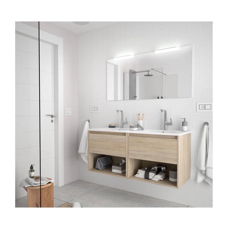 

Mueble de baño suspendido 120 cm de madera Roble Caledonia con dos cajones y dos compartimentos | Con espejo, doble columna y doble lámpara LED