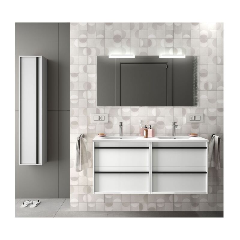 

Mueble de baño Nevada 120 cm en madera blanca brillante con lavabo de porcelana | 120 cm - Con doble espejo y LED