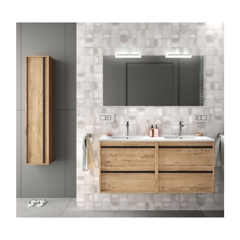 

Mueble de baño suspendido 120 cm Nevada en madera Roble ostippo con lavabo de porcelana | 120 cm - Con doble espejo y LED