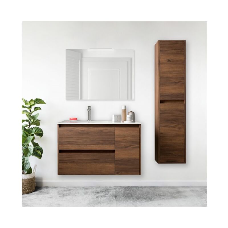 

Mueble de baño suspendido 85 cm de madera Roble Eternty con lavabo de porcelana | Con columna - 85 cm