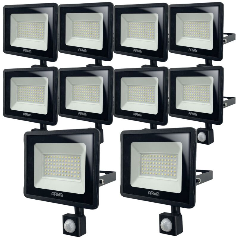 Image of Set di 10 proiettori LED da 50W Rilevatore di movimento nero IP65 Température de Couleur: Blanc Froid 6000K