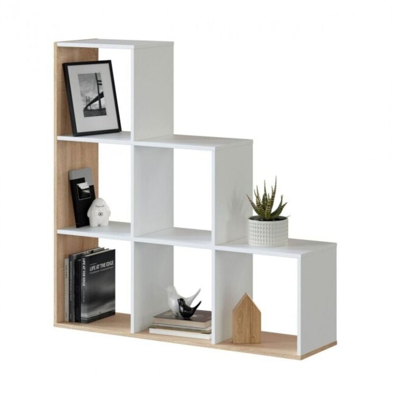 

Estantería decorativa 110 cm blanco mate y roble canadiense con 6 estantes | Blanco
