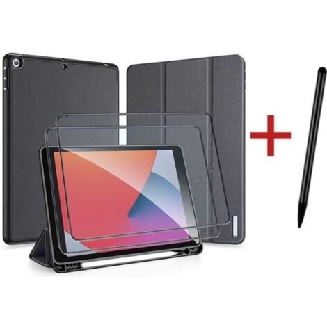 Coque iPad 8 10.2\" 2020 [ 2 Pièces Protecteur D\'écran Verre Trempé +1 stylet ]Protection Étui iPad 8 10.2\" 2020 Noir