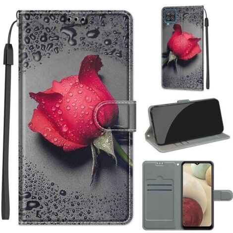 Coque pour Samsung Galaxy A12 Housse de Protection Cuir PU Portefeuille Etui à Rabat Magnétique Support Motif Rose Rouge