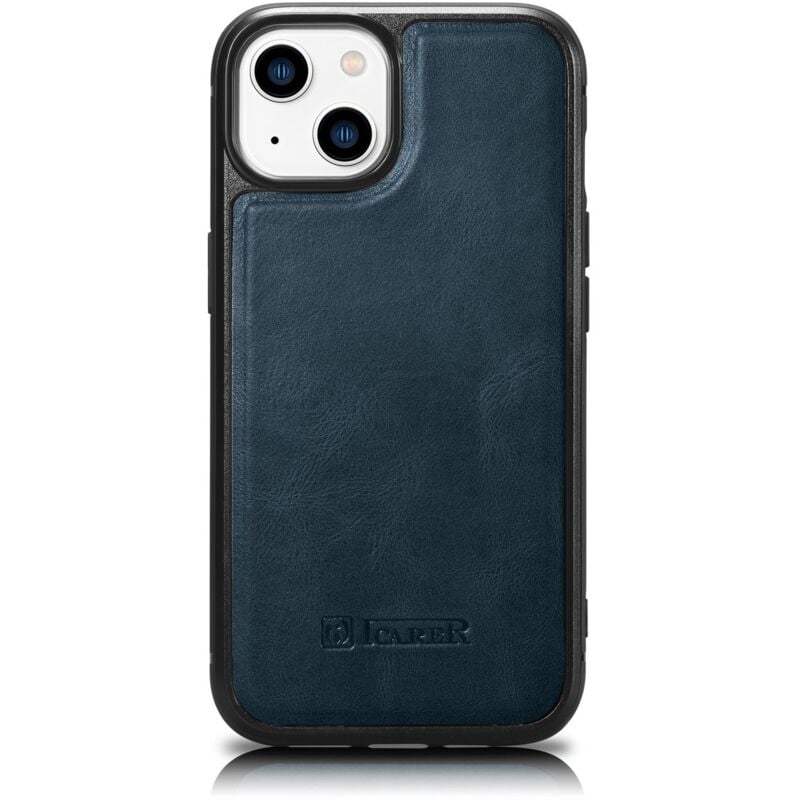 Coque recouverte de cuir naturel pour iPhone 14 Leather Oil Wax, bleu marine