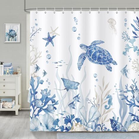 Coral Blue Ocean Sea Turtle Shower Curtain, Polyester Fabric, Anti-Mold, Waterproof, Washable, Bathroom Curtain, 180 x 180 cm with 12 Bathtub Hooks
