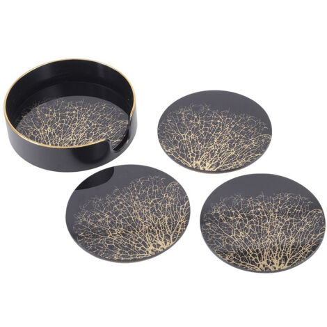 Coral Design Coasters (Set of 4) - GlaSS/Plastic - Black/Gold