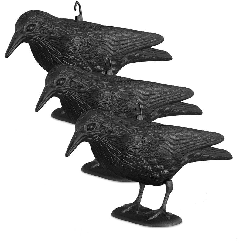 Corbeau de jardin anti-pigeon, lot de 3, décoration épouvantail oiseaux pigeon alarmistes jardin figure 38 cm, noir