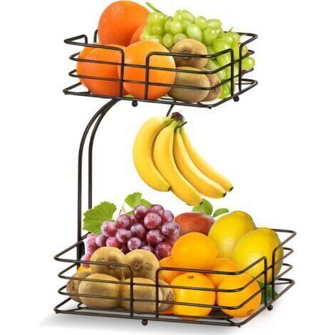 Corbeille à fruits à 2 étages avec porte-banane, en métal, amovible, décorative, moderne,Noir