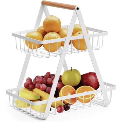 Corbeille à fruits à 2 étages, corbeille à fruits en métal, panier à pain, support de rangement pour légumes pour la cuisine, blanc