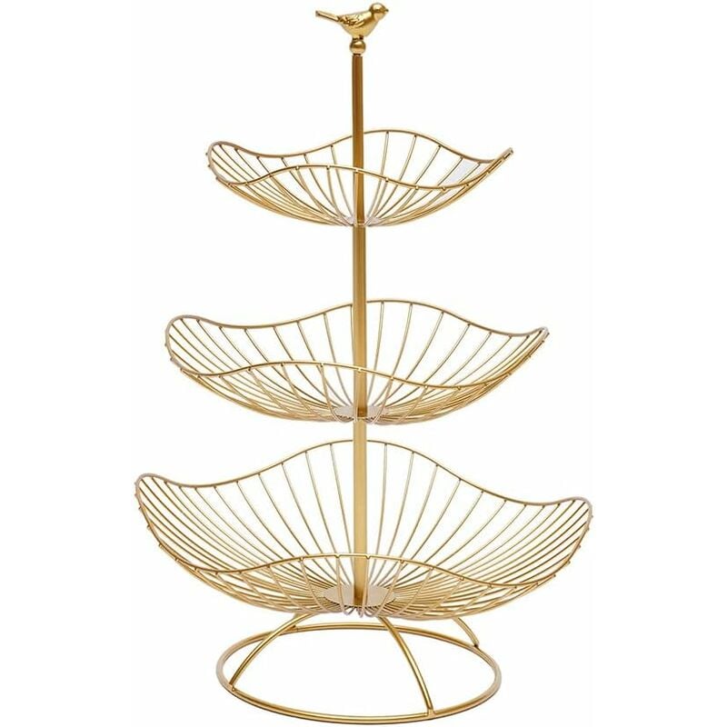 Corbeille à fruits à 3 étages en métal pour fruits, pain, collations (doré)