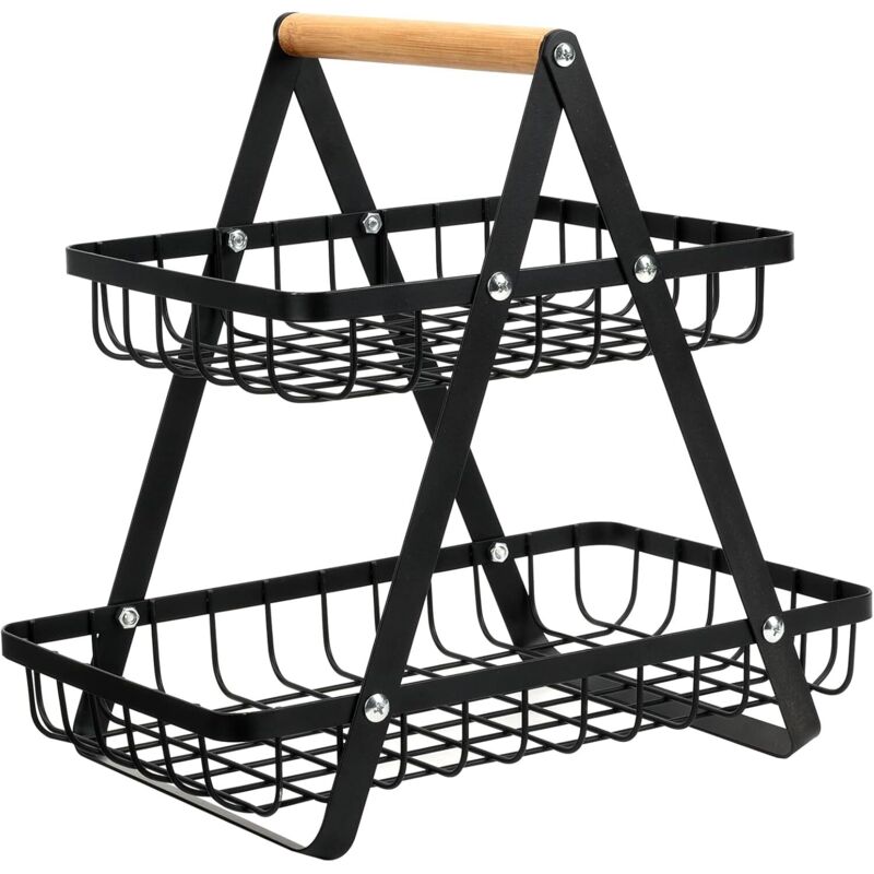 Corbeille à fruits de comptoir à deux niveaux avec étagère de rangement, noire
