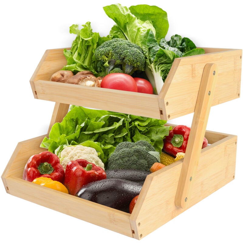 Corbeille à fruits en bambou à 2 niveaux, rangement pour corbeille à fruits, bol à fruits, support à fruits, rangement pour pain, légumes, décoration