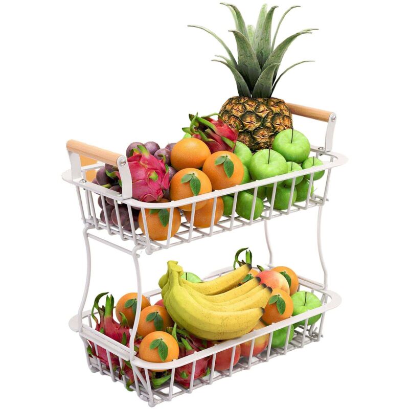Corbeille a fruits en metal a 2 niveaux avec poignees en bois