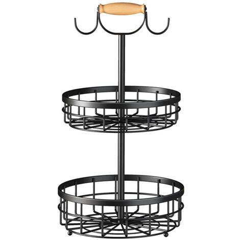 Corbeille à fruits et légumes à 2 niveaux avec 2 supports pour bananiers et poignée en bois, panier métallique pour comptoir de cuisine, pour pain, oignons, pommes de terre (noir, 2 niveaux)