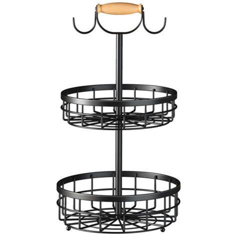 Corbeille à fruits et légumes à 2 niveaux avec 2 supports pour bananiers et poignée en bois, panier métallique pour comptoir de cuisine, pour pain, oignons, pommes de terre (noir, 2 niveaux)