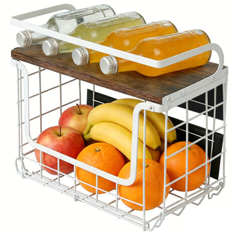 Corbeille à fruits - Panier empilable mural - Métal et bois - 31x27x16 cm