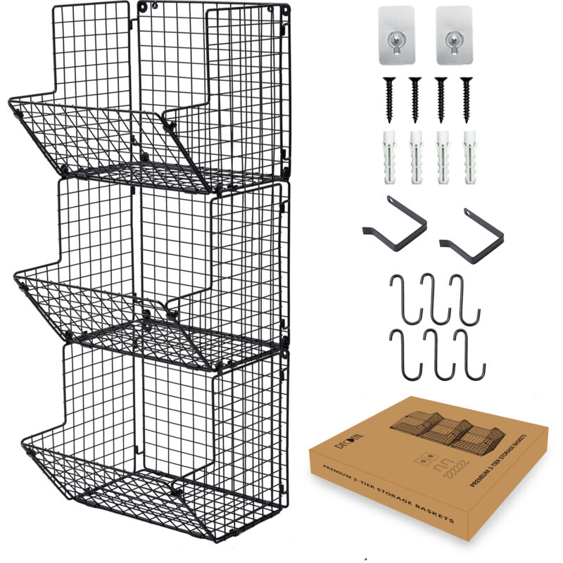 Corbeille à fruits suspendue, panier de rangement mural en fil métallique de grande capacité à 3 étages avec crochets pour la cuisine et la salle de