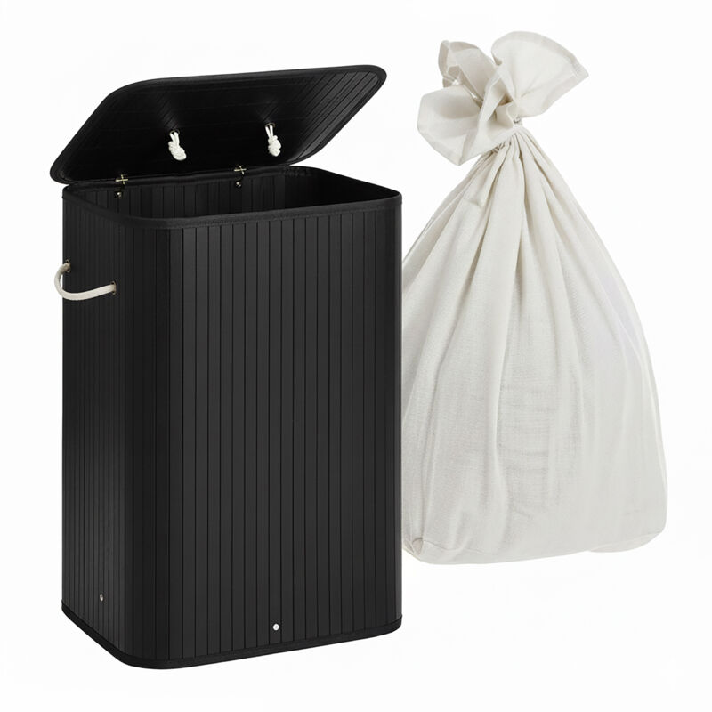 Relaxdays Panier à linge avec couvercle, bambou, 80 L, pliable, H x L x P : 60 x 40 x 30 cm, noir