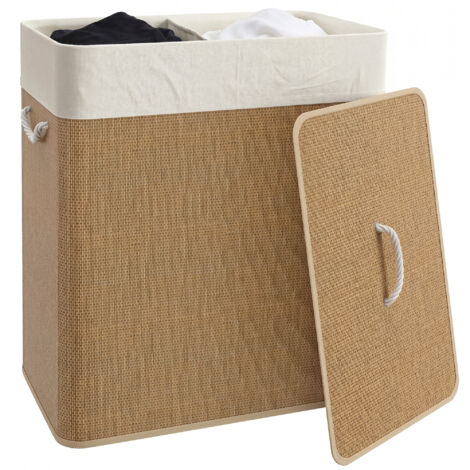 Corbeille à linge double bambou 100 L avec couvercle et poignées corde, grand panier de rangement pliable pour salle de bain