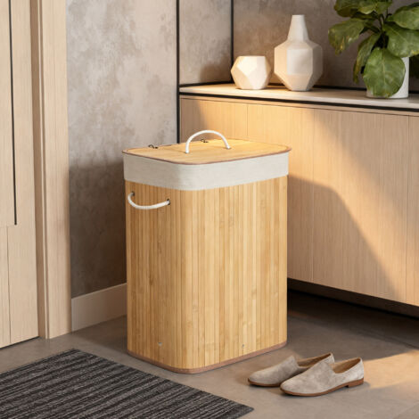 Corbeille à Linge en Bambou, Sac Lavable et Amovible, 1 Compartiment, Buanderie, Couvercle, Naturel