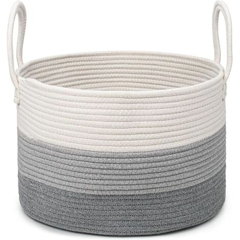Corbeille à Linge en Coton Tissé D40 x H25 CM Panier de Rangement en Corde de Coton 32L Pliage Corbeilles à Linge Avec Anse Convient à la Décoration Intérieure (3 Blocs de Couleurs Gris)