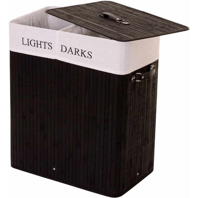 Jamais utilisé] Corbeille à linge HHG 153, bambou, 2 compartiments, 63x55x34cm, 100l, noir