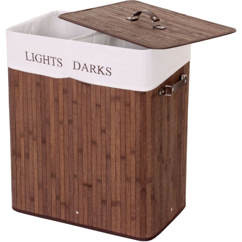 Jamais utilisé] Corbeille à linge HHG 153, bambou, 2 compartiments, 63x55x34cm, 100l, brun