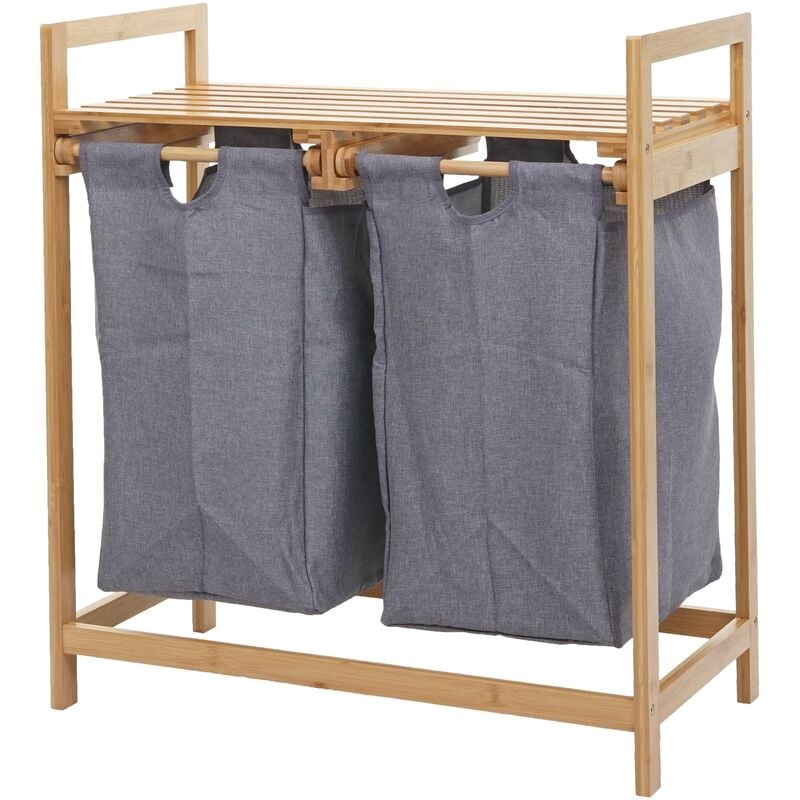 Jamais utilisé] Corbeille à linge HHG 731, bambou, 2 compartiments, 74x64x33cm, 70l, gris foncé