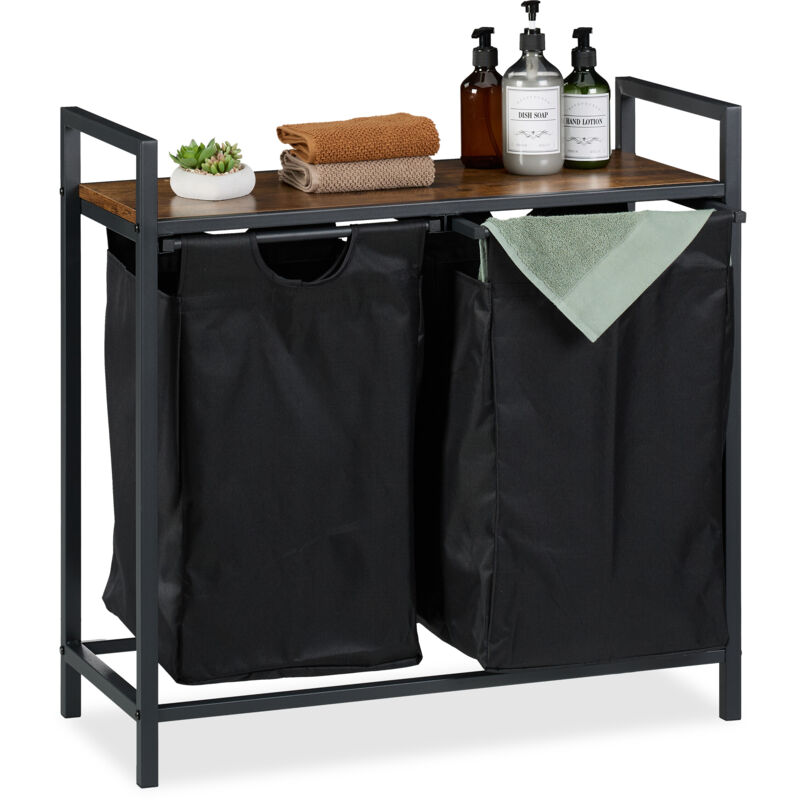 Relaxdays Corbeille à linge, HxLxP: 72x73x33 cm, range-vêtements, 2 panières amovibles, style industriel, noir - marron
