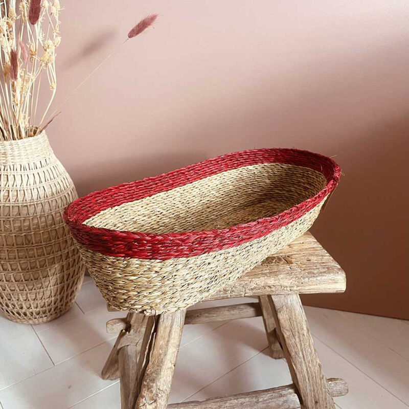 Corbeille à pain en herbes tressées coloris naturel et rouge -