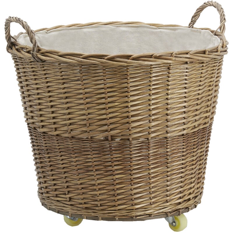 Corbeille à roulettes en osier avec doublure en jute Ronde