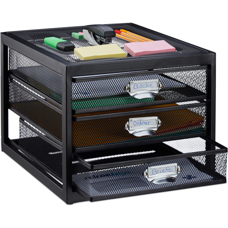 Corbeille à courrier porte-documents organiseur porte-revues 3 tiroirs compartiments format A4, noir - Relaxdays