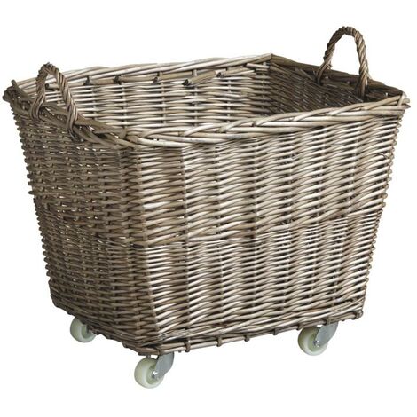 Corbeille de rangement à roulettes - osier teinté et Bois