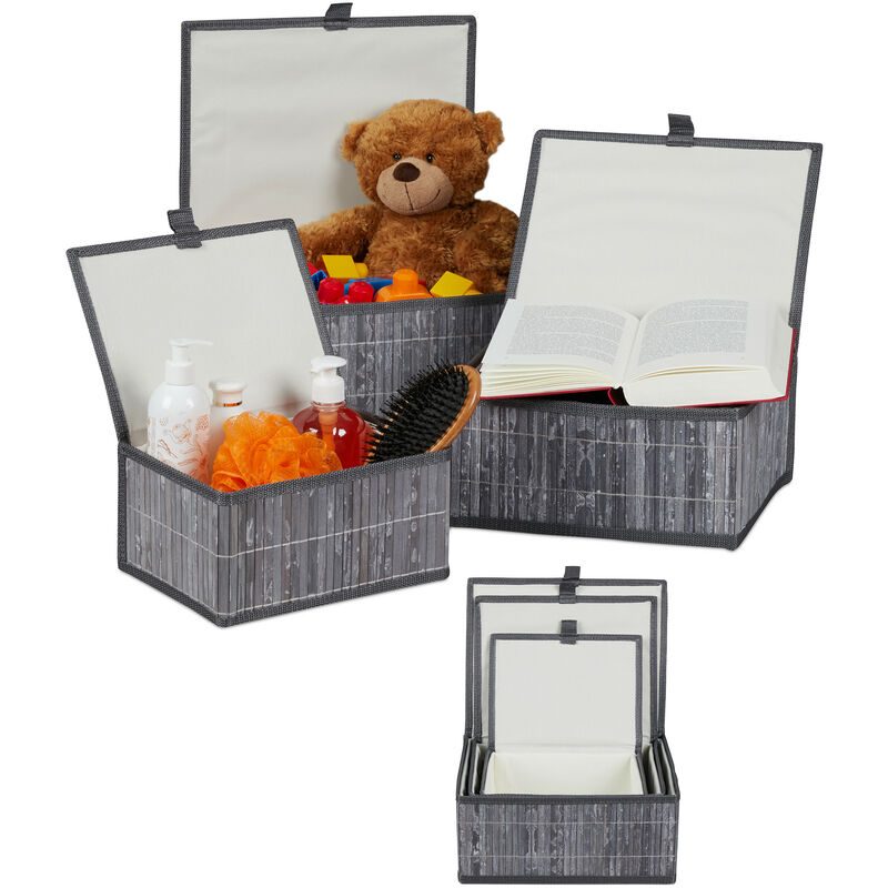 Paniers de rangement, lot de 6, couvercle et intérieur tissu, bambou, jouets, boîte organiseur salon, 3 tailles, gris