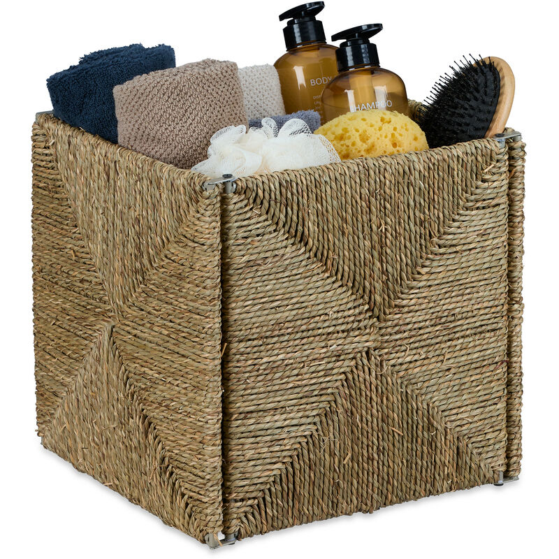 Corbeille de rangement en zostère, design tressé, pour salle de bain, HxLxP: 30x30x30 cm, panier carré, nature - Relaxdays