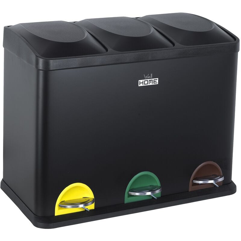 Corbeille de recyclage verte 45L avec 3 compartiments, grande capacité, noir