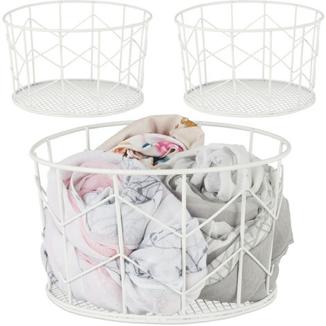 Corbeille fil de fer, lot de 3, Panier métal, pot rangement vêtement Accessoires, cosmétiques, HxD : 12,5 x 22 cm, blanc