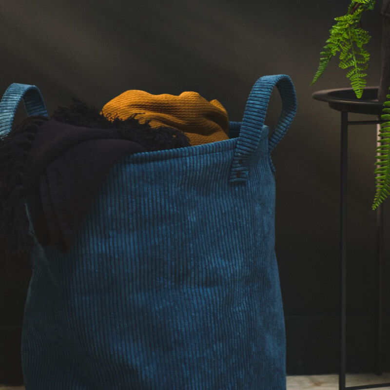 Panier à linge 'Cosy' en velour cotelé - Bleu Paon - d 40 x h 40 cm - Livraison gratuite