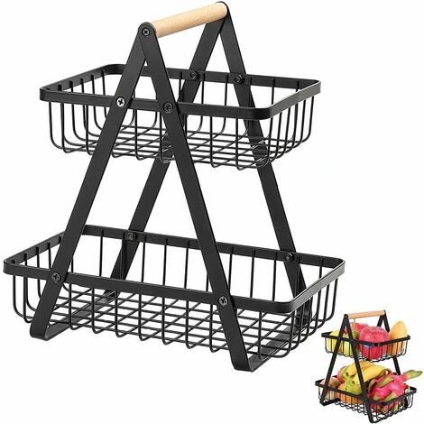 Corbeilles à Fruits, Panier a Fruits a Etages en Métal Décoration, Corbeille à Fruits en Métal à 2 Etages, Amovible Porte-Fruits Paniers, pour Stocker des Fruits et Légumes (Noir)