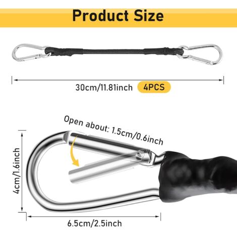 Corda elastica con gancio, corda elastica con moschettone, corda elastica con cinghia per tenda, bagaglio, tela, ombrello, bicicletta, nero (4 pezzi da 30 cm)