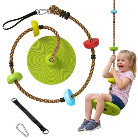 Corde à grimper et balançoire arbre avec plateforme et siège disque, jeu extérieur pour enfants de 3 à 8 ans, couleur verte.