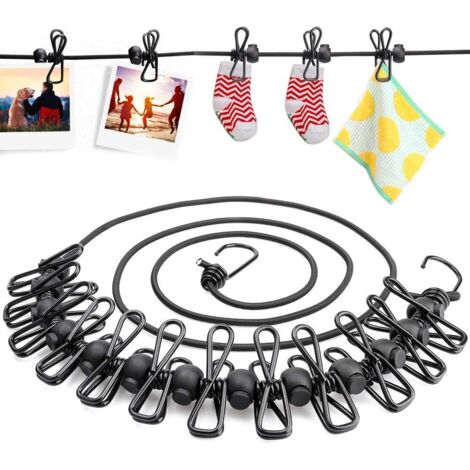 Corde à linge élastique, cordon coupe-vent portable avec 12 clips