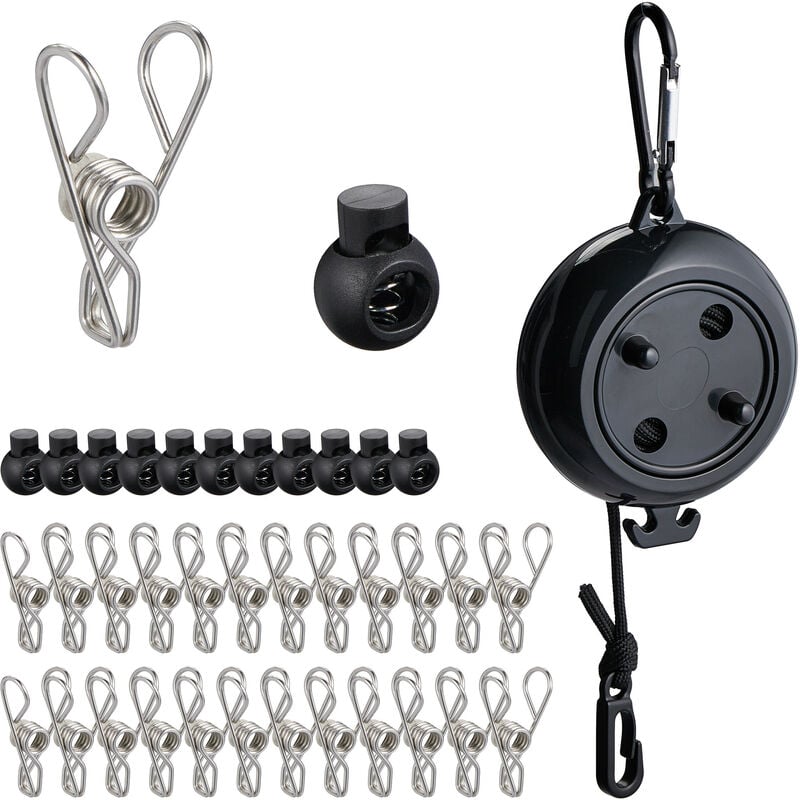 Corde à linge extensible jusqu'à 7,85 m, accessoire à enrouler, à emporter en vadrouille, fil plastique, noir - Relaxdays