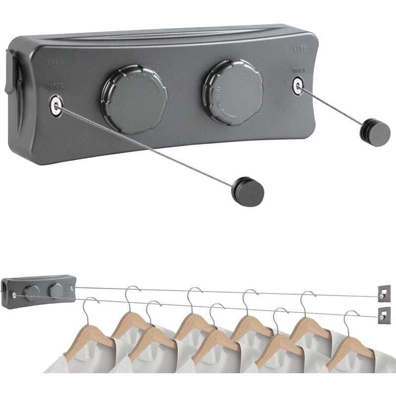 Corde à Linge Rétractable, 5.1m Acier Inoxydable Fil a Linge, Double Fil a Linge Extérieur Retractable, Perforateur et Support Mural pour Balcon