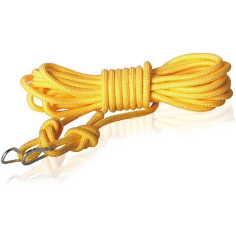 Corde à linge tissée résistante de 8 mm d'épaisseur et de 15 m de long, avec deux crochets métalliques, antirouille et imperméable, idéale pour le camping, le jardin et le garage. Couleur : jaune.
