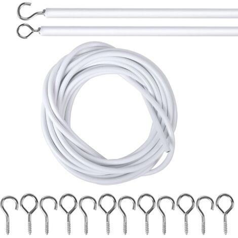 Corde à rideau gainée plastique 5m, avec 6 crochets et vis pour rideau de douche et tringle à rideau
