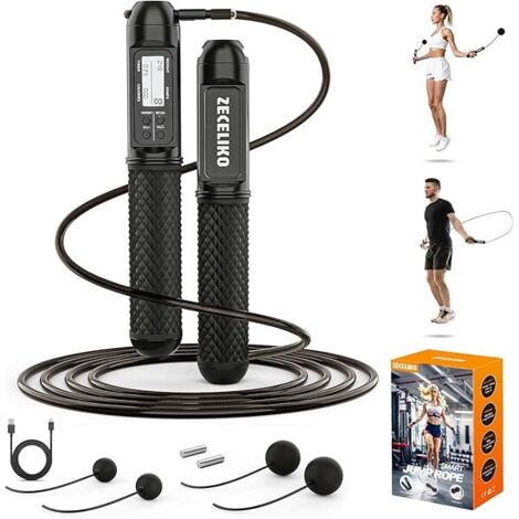 Corde à Sauter Intelligent - Affichage LED - Compteur de Sauts - Câble Acier Réglable 3 M - Mode Sans Corde avec Boules EVA - Rechargeable USB-C - Pour Entraînement Maison HIIT Cardio