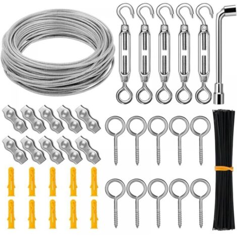 Corde Cable Acier Inoxydable à Suspendre Kit, 30M/3mm Câble Métallique, Kit de Câble de Jardin, Câble d'Image, Kit de Clôture, Câble en Acier Robuste, Tendeur Fil et Crochet, Duplex Clips Serr