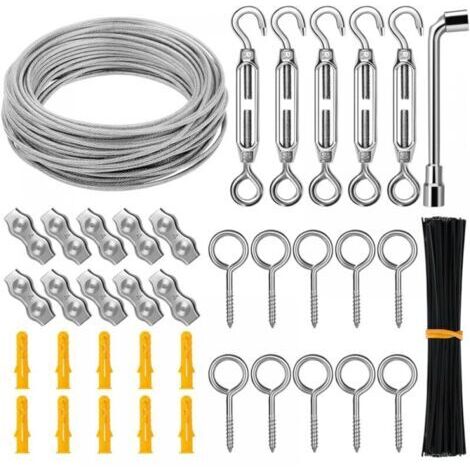 Corde Cable Acier Inoxydable à Suspendre Kit, 30M/3mm Câble Métallique, Kit de Câble de Jardin, Câble d'Image, Kit de Clôture, Câble en Acier Robuste, Tendeur Fil et Crochet, Duplex Clips Serr